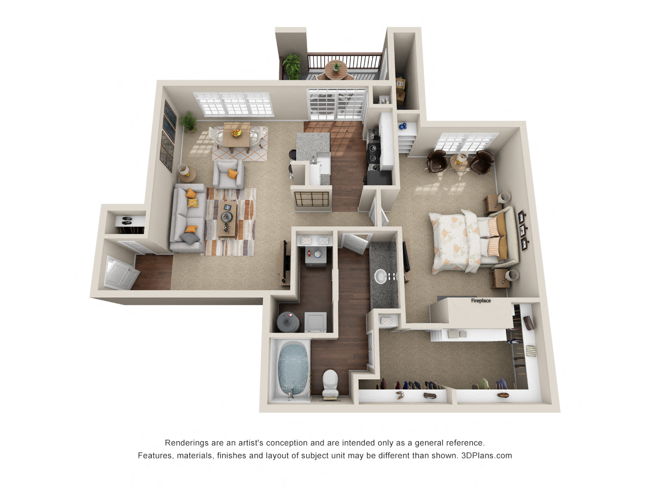 Floor plan for 1 bed, 1 bath, 952 sqft